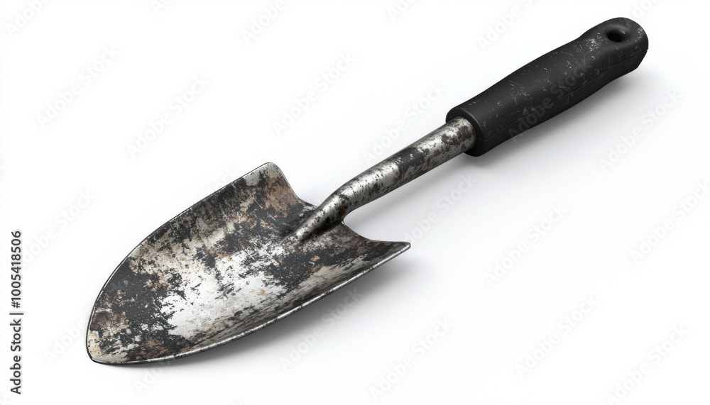 A worn metal garden trowel with a black handle, ideal for digging and planting in soil. A worn metal garden trowel with a black handle, ideal for digging and planting in soil.