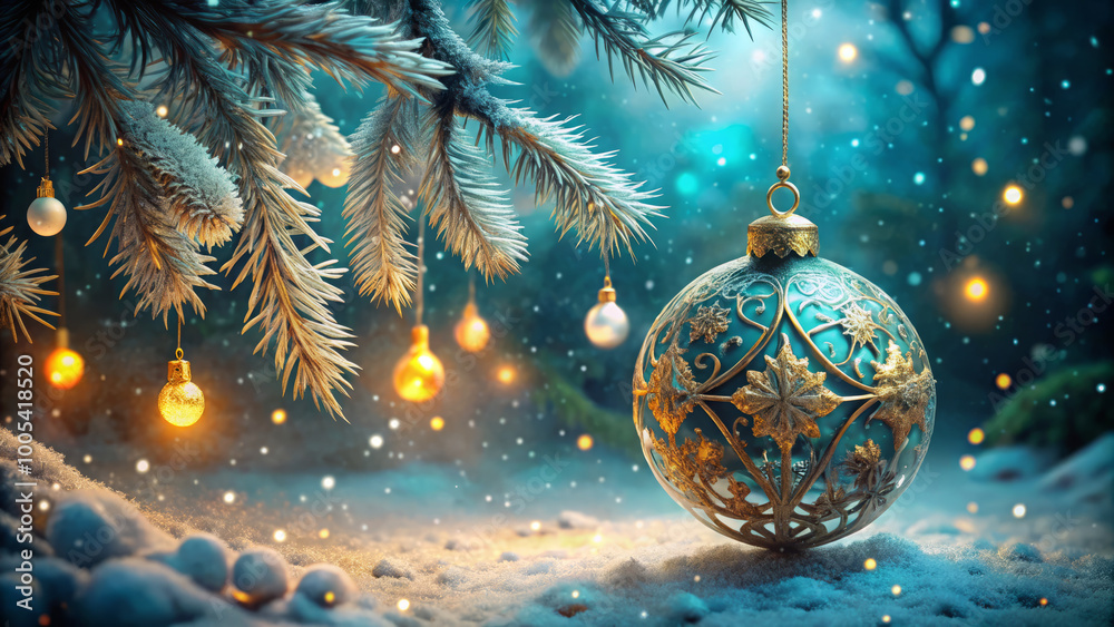 beautiful Christmas ornament hangs from snowy pine branch, surrounded by soft glowing lights and falling snowflakes, creating magical winter scene beautiful Christmas ornament hangs from snowy pine branch, surrounded by soft glowing lights and falling snowflakes, creating magical winter scene