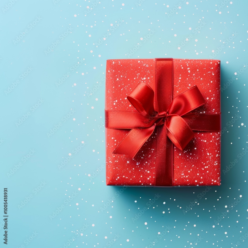 Christmas gift box with ample copy space on plain background.