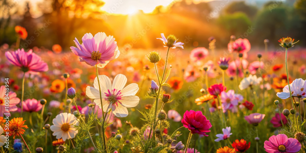 vibrant field of wildflowers blooms under warm sunlight, creating picturesque scene filled with colorful petals and lush greenery. golden hour enhances beauty of nature, evoking sense of tranquility vibrant field of wildflowers blooms under warm sunlight, creating picturesque scene filled with colorful petals and lush greenery. golden hour enhances beauty of nature, evoking sense of tranquility