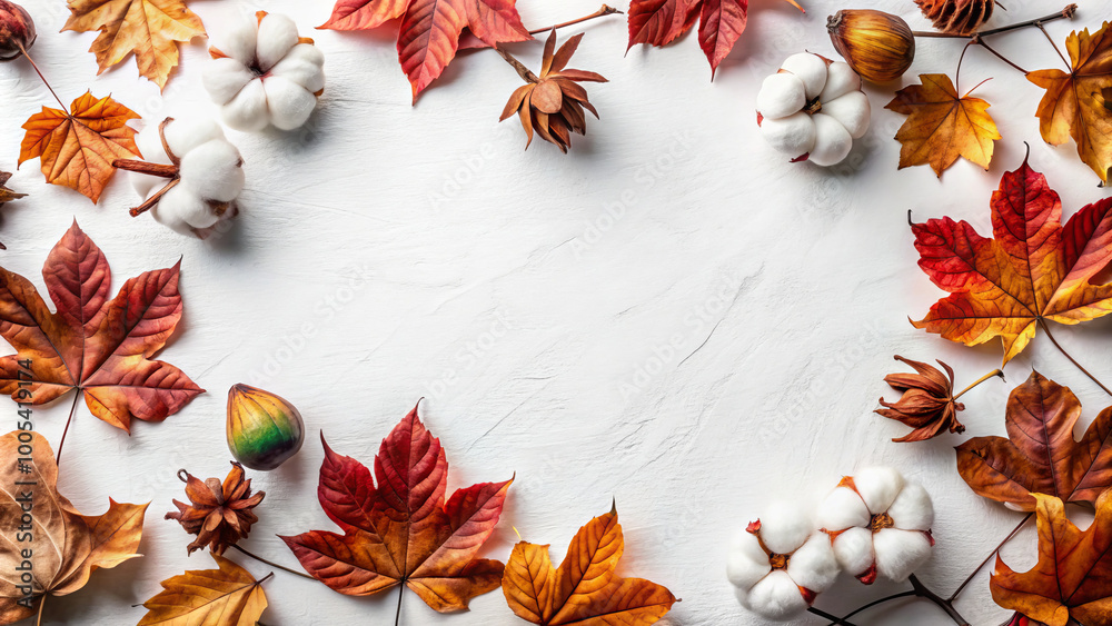 Autumn leaves and cotton create beautiful seasonal display on white background, evoking feelings of warmth and nostalgia. vibrant colors of leaves contrast beautifully with soft cotton, making it Autumn leaves and cotton create beautiful seasonal display on white background, evoking feelings of warmth and nostalgia. vibrant colors of leaves contrast beautifully with soft cotton, making it