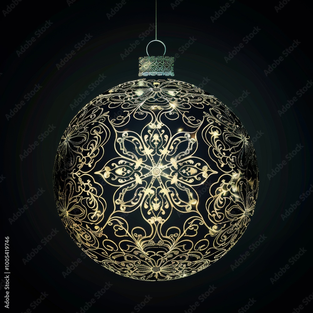 A gold and black ornament with a flower design hanging from a string. The ornament is suspended in midair, creating a sense of weightlessness and elegance A gold and black ornament with a flower design hanging from a string. The ornament is suspended in midair, creating a sense of weightlessness and elegance