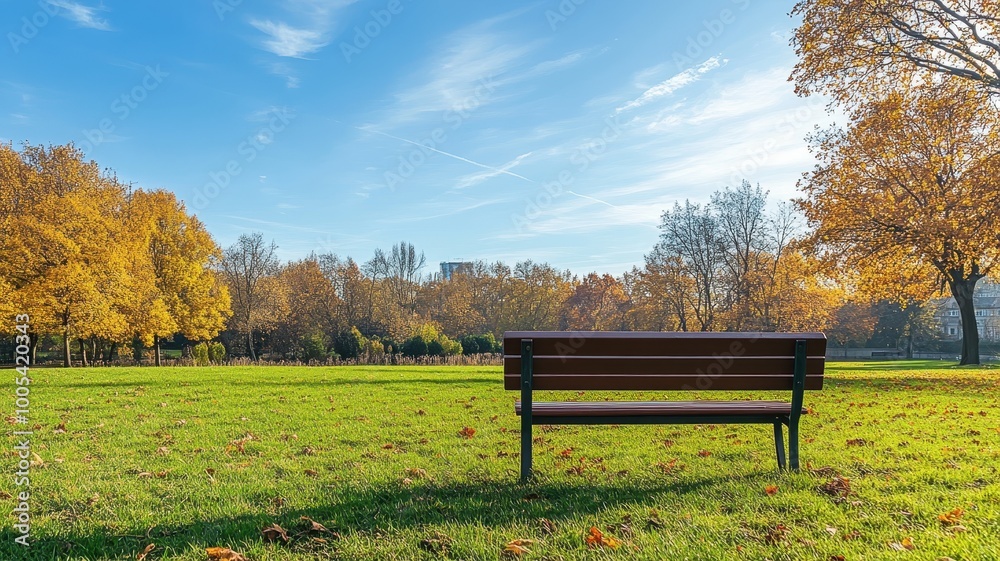 Lonely Bench in autumn Park with city view red and yellow maple trees and blue sky,Autumn forest path,Lawn in autumn city park in Sunny day,Trees with yellow leaves in park,Natural Wallpaper. Lonely Bench in autumn Park with city view red and yellow maple trees and blue sky,Autumn forest path,Lawn in autumn city park in Sunny day,Trees with yellow leaves in park,Natural Wallpaper.