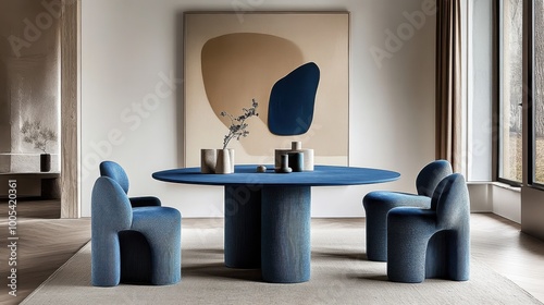 Modern minimalist dining room, large abstract canvas art, blue and beige tones, round blue dining table, curved blue upholstered chairs, circular blue ottoman, light wood floors, white walls, natural 