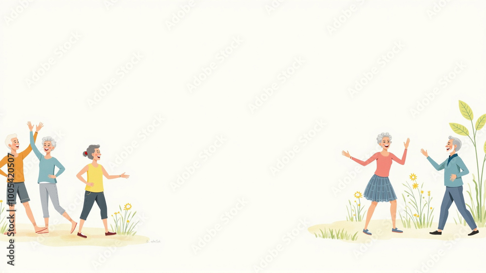 Older adults energetically participating in yoga, walking, and dancing against a watercolor active lifestyle background Older adults energetically participating in yoga, walking, and dancing against a watercolor active lifestyle background