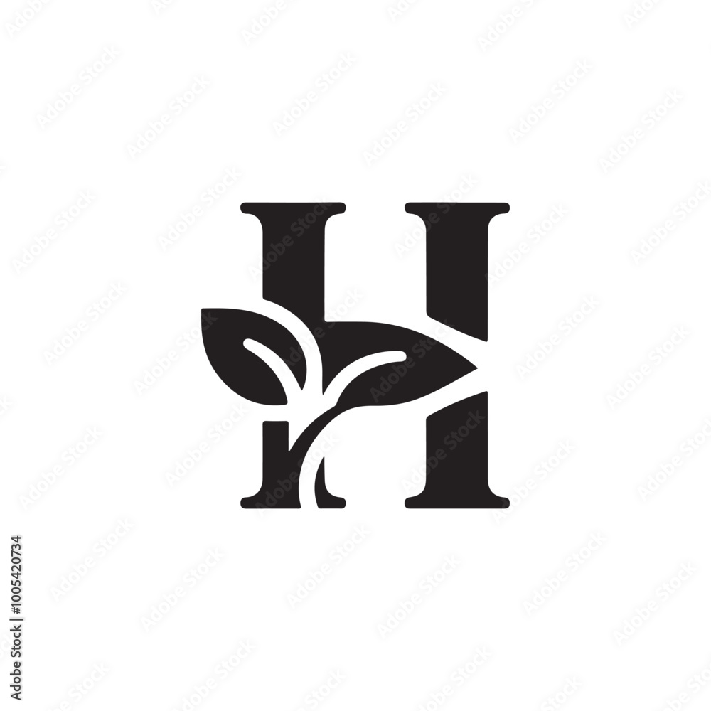 Stylish H Letter Silhouette Icon: Unique Logo Design with Leaf and Vine Elements for Businesses Emphasizing Nature and Sustainability Stylish H Letter Silhouette Icon: Unique Logo Design with Leaf and Vine Elements for Businesses Emphasizing Nature and Sustainability