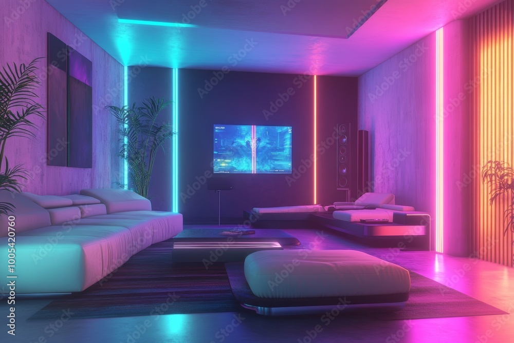 Futuristic Living Room with Neon Lights Futuristic Living Room with Neon Lights