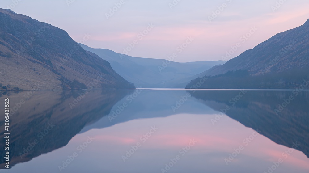 Fototapeta premium Calm, still lake with mountain reflections in pastel pink and blue light of dawn.