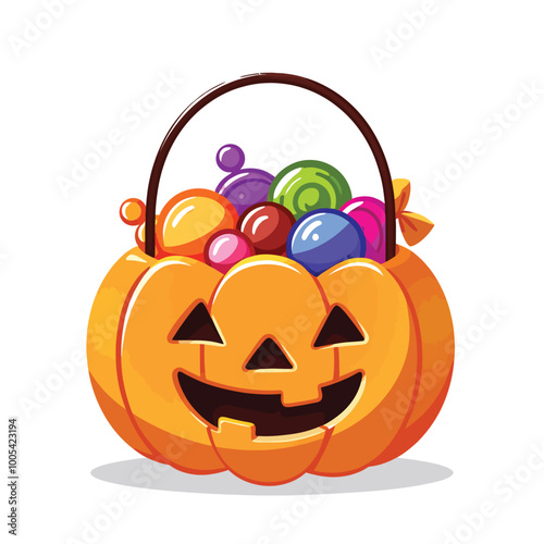 Pumpkin Candy Bucket with Sweets Illustration – Perfect for Halloween and Trick-or-Treat Designs