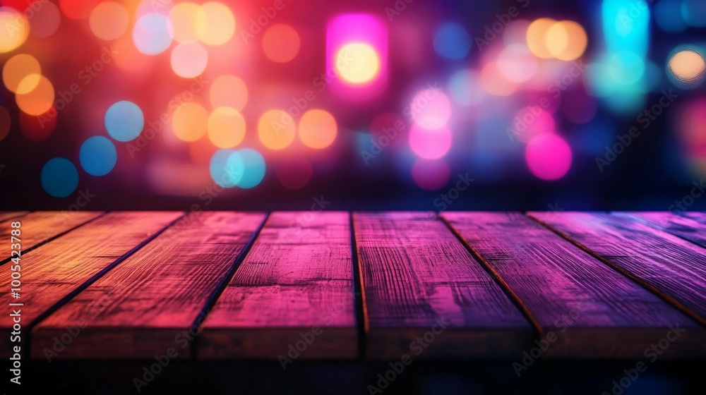 Wooden Tabletop with Blurred Colorful Lights in Background