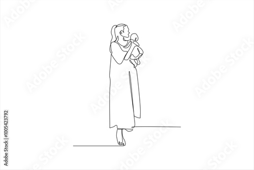 continuous line drawing of a woman holding a baby