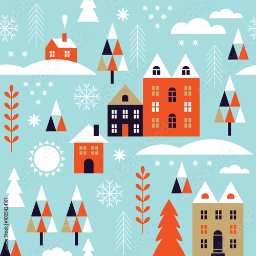 Christmas seamless pattern with houses and decorative design elements, geometric flat style, blue background