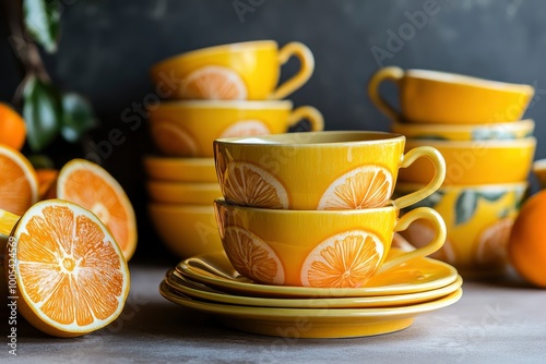 set of yellow crockery decorated with orange. Morden decoration kitchen idea. Space for text. Design interior web, restaurant, magazine -with generative ai