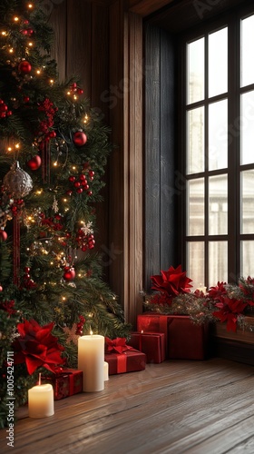 Warm and festive Christmas scene featuring a beautifully decorated tree, wrapped gifts, and glowing candles by a window in a rustic wooden room.