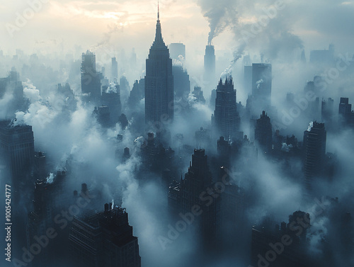 mysterious cityscape in fog with smoke and tall buildings - dark, moody, urban, aerial view