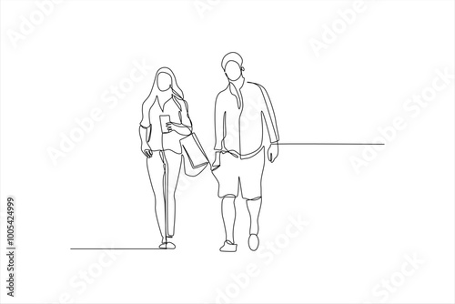 continuous line drawing of a couple walking together