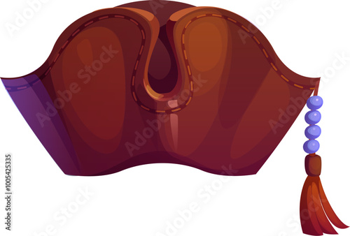 Cartoon pirate tricorn cocked hat of corsair and Caribbean sailors, vector icon. Pirate hat of boatswain corsair tricorne hat and skipper headwear of leather with beads and tassel for sea adventure