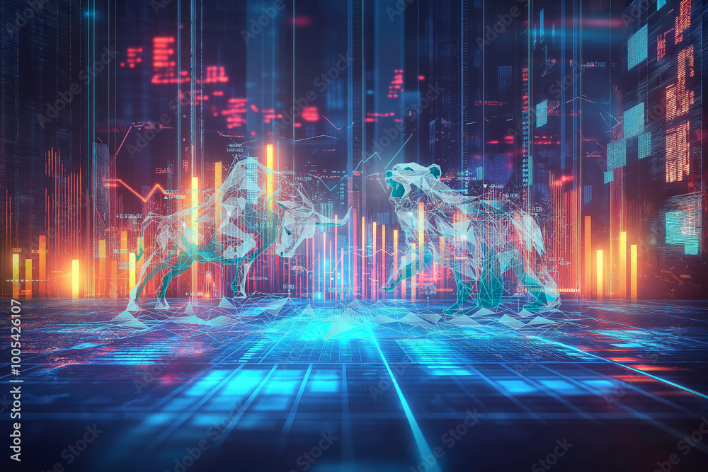 Fototapeta premium Digital Bull and Bear Market Battle