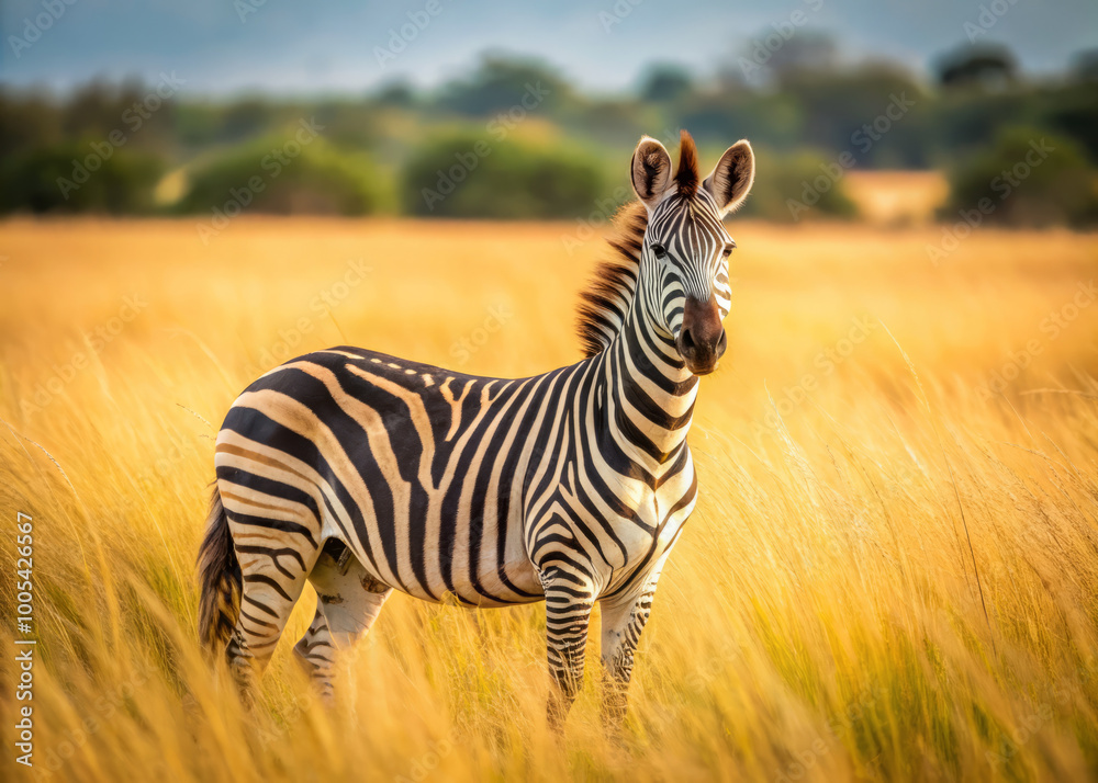 Fototapeta premium zebra stands gracefully in tall golden grass, showcasing its striking black and white stripes against serene natural backdrop. scene evokes sense of tranquility and beauty in wild
