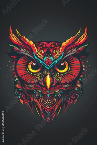 Minimalist owl head adorned with vibrant tribal designs.