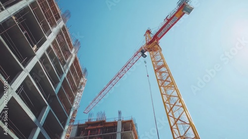 Crane and building construction site against blue sky