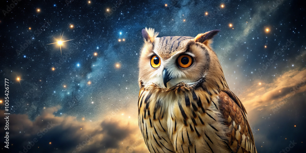 majestic owl gazes at starry night sky, embodying wisdom and mystery. Its striking features and cosmic backdrop create captivating scene that inspires wonder majestic owl gazes at starry night sky, embodying wisdom and mystery. Its striking features and cosmic backdrop create captivating scene that inspires wonder