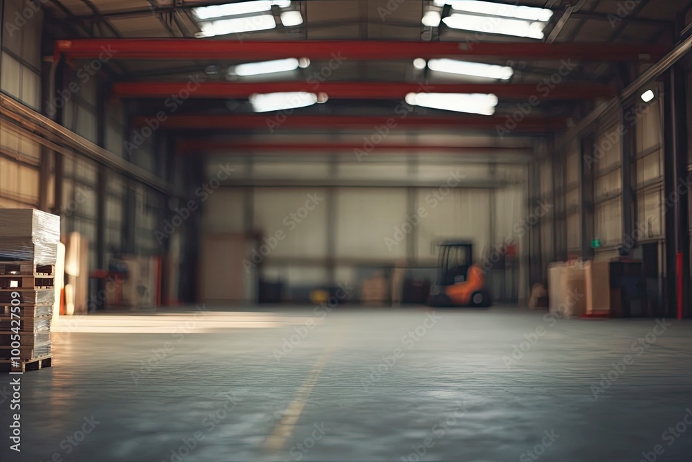 Warehouse interior blurred. Empty warehouse without anyone. Old warehouse interior without shelving. Spacious hangar with metal roof. Storage room with forklift. with generative ai Warehouse interior blurred. Empty warehouse without anyone. Old warehouse interior without shelving. Spacious hangar with metal roof. Storage room with forklift. with generative ai