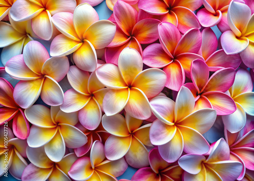Vibrant plumeria flowers in shades of pink, yellow, and white create stunning floral backdrop, evoking sense of tropical beauty and tranquility
