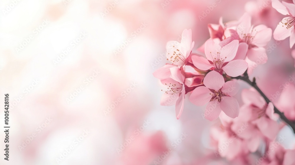 A close-up of delicate pink cherry blossoms against a soft, light background. A close-up of delicate pink cherry blossoms against a soft, light background.