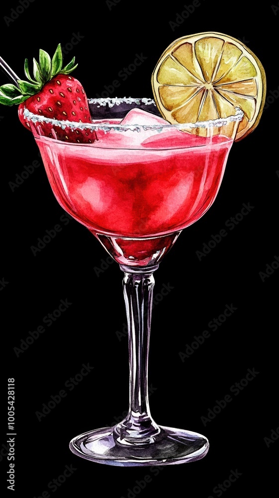 Watercolor of Strawberry Margarita summer cocktail drink with silver tequila, lime juice, liqueur,fresh berries,ice in glass with salt rim,daiquiri cocktail with lime and rum,menu drink. Watercolor of Strawberry Margarita summer cocktail drink with silver tequila, lime juice, liqueur,fresh berries,ice in glass with salt rim,daiquiri cocktail with lime and rum,menu drink.