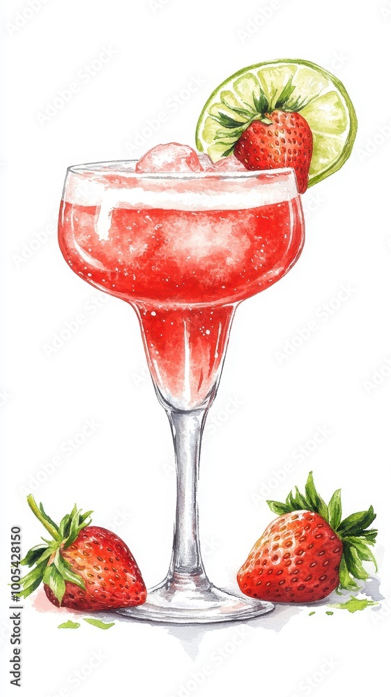 Watercolor of Strawberry Margarita summer cocktail drink with silver tequila, lime juice, liqueur,fresh berries,ice in glass with salt rim,daiquiri cocktail with lime and rum,menu drink. Watercolor of Strawberry Margarita summer cocktail drink with silver tequila, lime juice, liqueur,fresh berries,ice in glass with salt rim,daiquiri cocktail with lime and rum,menu drink.