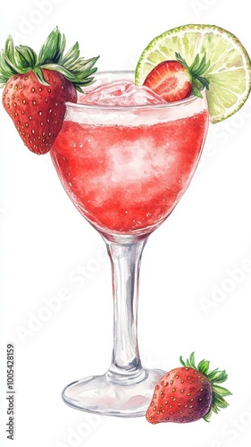 Watercolor of Strawberry Margarita summer cocktail drink with silver tequila, lime juice, liqueur,fresh berries,ice in glass with salt rim,daiquiri cocktail with lime and rum,menu drink.