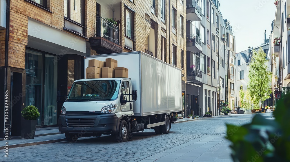 Obraz premium A delivery truck parked on a quiet urban street, surrounded by modern buildings and greenery, ready for unloading boxes.