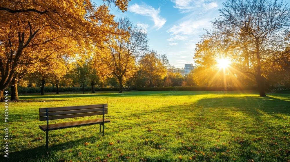Lonely Bench in autumn Park with city view red and yellow maple trees and blue sky,Autumn forest path,Lawn in autumn city park in Sunny day,Trees with yellow leaves in park,Natural Wallpaper. Lonely Bench in autumn Park with city view red and yellow maple trees and blue sky,Autumn forest path,Lawn in autumn city park in Sunny day,Trees with yellow leaves in park,Natural Wallpaper.