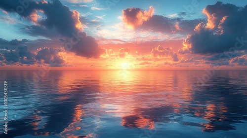 Sunset Reflecting on Calm Ocean Water with Pink and Orange Clouds