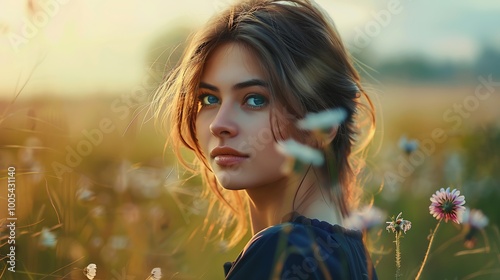 A portrait of a beautiful woman with minimal makeup, her hair flowing naturally as she stands in a field of wildflowers, embodying effortless elegance and grace. 8k UHD, suitable for high-quality 