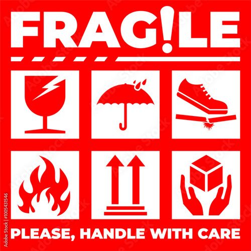 Vector Fargile Warning Red Sticker. This Way Up. Keep Dry. Handle With Care. Do Not Trample. Flammable