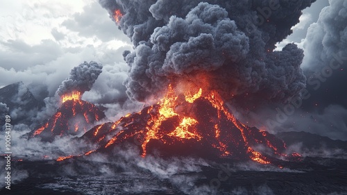 A dramatic volcanic eruption with lava flowing down the slopes and thick smoke billowing into the sky, showcasing nature's raw power.