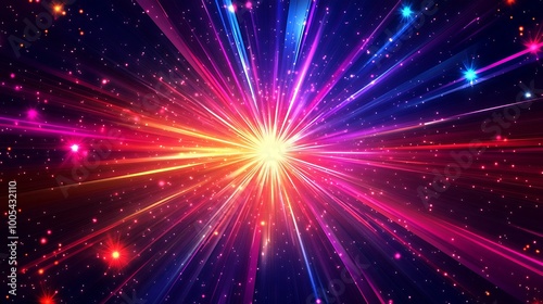 Colorful abstract light rays radiating outwards from a central point, creating a starry night sky effect.