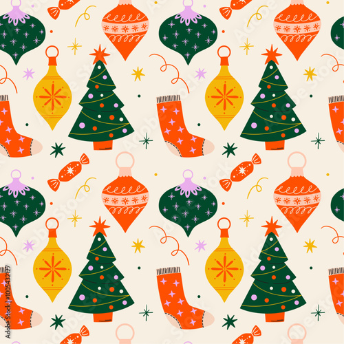 Seamless vector pattern with beautiful Christmas decoration, tree, socks, winter holiday elements, retro Xmas gift box, present. Cartoon flat illustration for wrapping paper, wallpaper