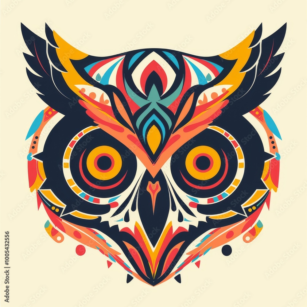 Owl head with minimalistic tribal designs in bright colors. Owl head with minimalistic tribal designs in bright colors.