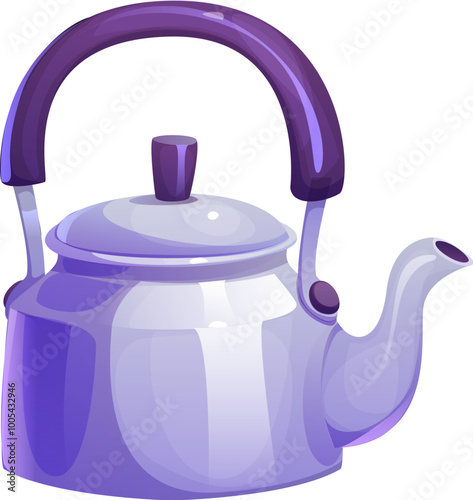 Cartoon teapot, classic metal kettle with curved spout and a sturdy handle. Isolated vector household utensil for boiling water. Practical and traditional kitchen utility, kitchenware, home appliance