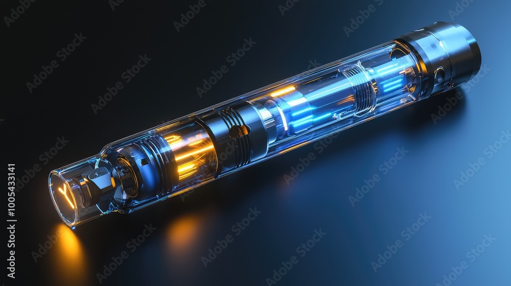 A futuristic glowing device with orange and blue lights, showcasing intricate details and a sleek transparent design. A futuristic glowing device with orange and blue lights, showcasing intricate details and a sleek transparent design.