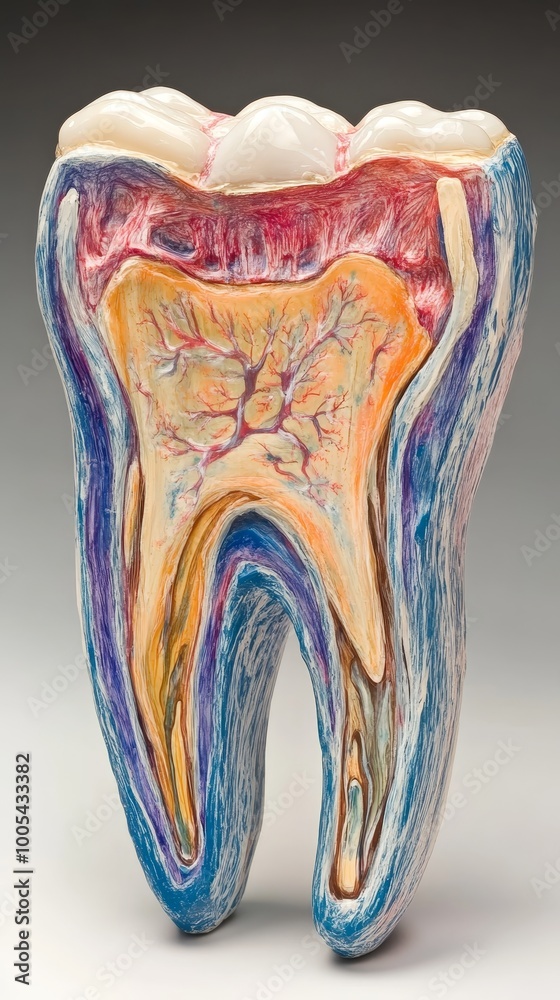 Capture a detailed and realistic image of a human tooth, showcasing its anatomy with labeled sections including enamel, dentin, pulp, and root, presented against a clean background Capture a detailed and realistic image of a human tooth, showcasing its anatomy with labeled sections including enamel, dentin, pulp, and root, presented against a clean background