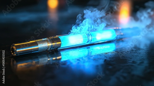 A glowing, modern vape pen with blue lights and smoke, set against a moody background, perfect for tech and lifestyle imagery. photo