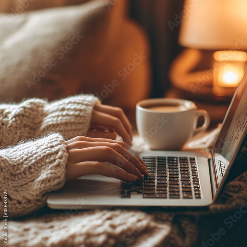 Closeup of hands typing on a laptop keyboard in a cozy home office with a cup of coffee and a notebook capturing the warmth and focus of remote work