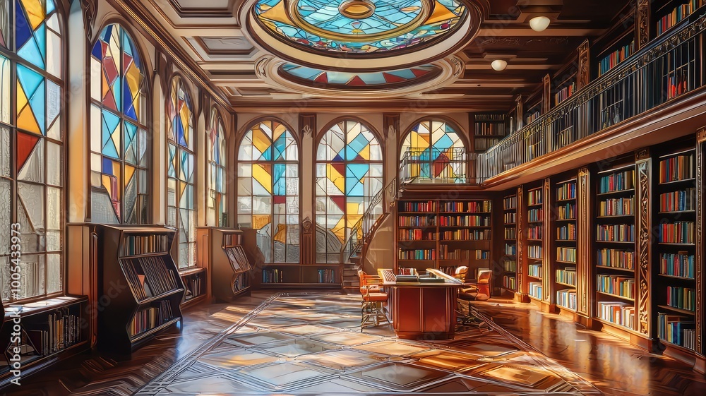 A grand library with stained glass windows, wooden shelves filled with books, and a cozy reading nook A grand library with stained glass windows, wooden shelves filled with books, and a cozy reading nook