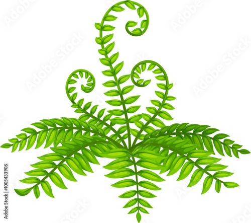 Green fern, tropical , plant with intricate leaves and spiral fronds. Cartoon vector element of nature, jungle flora and prehistoric environment. Isolated lush tropical foliage, vegetation game asset