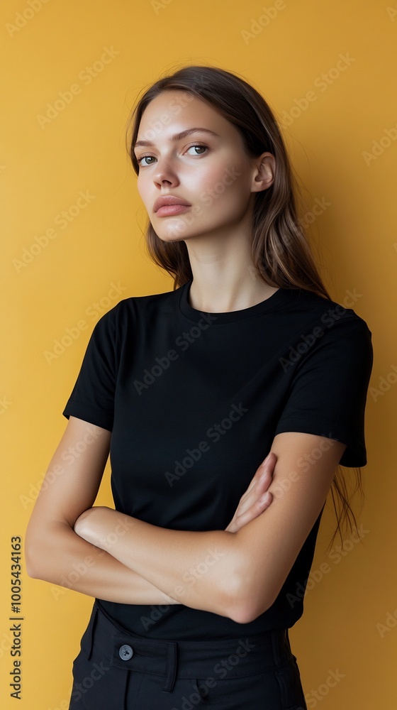 Obraz premium Confident Woman in Black T-Shirt Mockup Against a Vibrant Yellow Background. AI Generated
