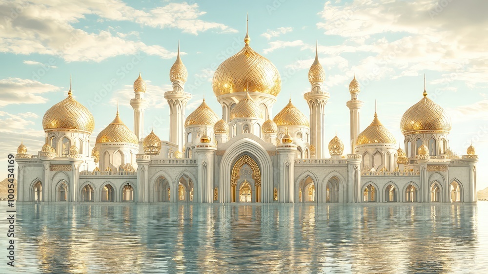 Obraz premium A grand white mosque with golden domes reflects in calm water under a blue sky with fluffy clouds.